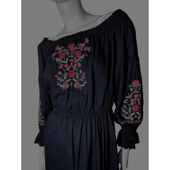 Hollister Medium Black Mini‎ Dress With Floral Embroidery & Elastic Waist Bell M - Picture 5 of 16